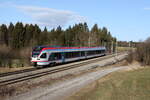 427 134 der  Bayerischen Regiobahn  war am 14. Februar 2022 bei Grabenstätt im Chiemgau in Richtung Rosenheim unterwegs.