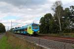 Der ET 411 der Westfalenbahn (94 80 1428 611-6 D-WFB) auf Testfahrt am 18.09.2015 in Nassenheide.