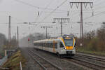ET 7.04 der Eurobahn als RE3 in Richtung Hamm Hbf, fern der Stammstrecke in Essen Frohnhausen, 25. November 2025