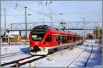 schn Kalt!!! Ein Flirt als RE33308 aus Sassnitz, hat Einfahrt in den Hbf Stralsund.