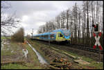 Nahe Westerhausen ist hier der ET 9.01 der Eurobahn am 18.2.2020 um 11.11 Uhr auf dem Weg nach Bad Bentheim.