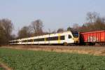 Aufgrund von Bauarbeiten auf der Strecke zwischen Dsseldorf und Duisburg fuhren einige Zge ber die Gterzugstrecke. So auch diese beiden Flirts der eurobahn als RE 3 nach Dsseldorf Hbf (Ratingen, 23.03.2012)