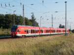Einfahrt RE 13017 aus Rostock,am 16.Juli 2014,in den Bahnhof von Bergen/Rügen der dann nach zwei Minuten Aufenthalt seine Fahrt nach Sassnitz fortsetzte.