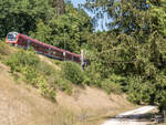 Südlich von Gundelsheim verlaufen die Gleise auf einem Damm durch den Wald. Der RE nach Augsburg fuhr am 9.8.22 wegen einer Baustelle auf dem linken Gleis.