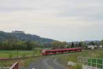 Ein vespteter 442 am 26.04.2013 bei Drfles-Esbach auf dem Weg nach Sonneberg. An dieser Stelle geht es bald mit den Gleisbauarbeiten der NBS Ebensfeld-Erfurt - Einschleifung Coburg - los.