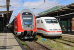442 008 als RE 4361/FEX 21897 von Rostock Hbf nach Flughafen BER bei der Ausfahrt im Rostocker Hbf.24.07.2026