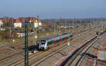 1442 160 pendelte am 14.01.18 auf der S9 zwischen Halle(S) und Eilenburg. Hiererreicht der Hamster am 14.01.18 in kürze den Hbf Halle(S).