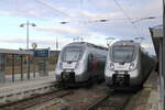 Abellio 9442 619 als RE 74528 nach Erfurt Hbf und 9442 814 als RB 74672 (Halle (S) Hbf - Saalfeld (S)), am 12.11.2023 in Naumburg (S) Hbf.