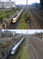 Zwischen den beiden Aufnahmen aus Düsseldorf-Derendorf liegen ungefähr 35 Jahre und auf beiden Aufnahmen sind Hochgeschwindigkeitstriebwagen auf einem eher ungewöhnlichen Laufweg