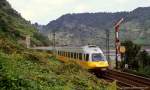 Am sehr wolkigen 19. September 1984 hat ein mir unbekannt gebliebener 403 den Banktunnel bei St. Goar verlassen. Lufhansa-Airport-Express, sowie das Formsignal sind längst Geschichte.