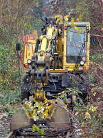 Wer versteckt sich denn da im Gestrüpp? In Nähe des Hattinger Bahnhofes habe ich im November 2025 diesen Atlas Zweiwegebagger entdeckt.