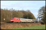 DB 101119 mit Preis Werbung verlässt hier bei Natrup Hagen Niedersachsen und ist auf der Rollbahn am 23.1.2005 mit ihrem Intercity unterwegs nach Münster in Westfalen.