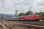 Nachschuss auf 101 016-4, als diese am Nachmittag des 22.06.2019 ihren InterCity und die Wagenlok 101 058-6 am Rangierbahnhof und DB Museum in Koblenz Lützel vorbei in Richtung Hauptbahnhof