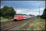 101082 fährt hier am 22.08.1998 mit IC 707 Kaiserstuhl nach Münster via Rheine (Umleiter) um 17.48 Uhr durch Westerkappeln Velpe.