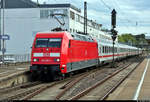 101 059-4 mit Schublok 101 067-7 als umgeleiteter IC 2294 (Linie 62) von Stuttgart Hbf nach Frankfurt(Main)Hbf durchfährt den Bahnhof Ludwigsburg auf Gleis 1.
[28.7.2020 | 15:48 Uhr]