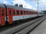 CD-Wagen:Bmz 73 54 21-01 037-4 und der deutsche Bpmdz 61 80 84-91 912-4,am 12.August 2012,im EC 379 Binz-Brno beim Halt in Bergen/Rgen.Whrend der CD-Wagen den gesamten Zuglauf von Binz bis Brno mitlief,lief der DB-Wagen nur im Abschnitt Binz-Dresden mit.