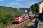 Eine unangekndigte Werbelok war am 6.6.2013 die 101 109 mit dem IC 2022, der am Nachmittag durch St. Goar rollte