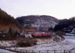 798 823-1 + 998 184-6 + 998 859-3 anlsslich der Sonderfahrt  Abschied von der Edertalbahn  am 05.12.1992 bei Thalitter.