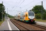 Nachschuss auf 445 107-6 (Stadler KISS) der Ostdeutschen Eisenbahn GmbH (ODEG) als DPE 79321  Krämerbrücken-Express  von Berlin-Lichtenberg nach Erfurt Hbf, der den Hp Leißling auf der Bahnstrecke Halle–Bebra (KBS 580) durchfährt.
[16.6.2018 | 10:01 Uhr]