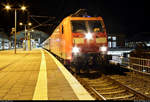 185 142-7 DB als Sonderzug der Schienenverkehrsgesellschaft mbH (SVG) von Mannheim Hbf steht im Endbahnhof Halle(Saale)Hbf auf Gleis 8.