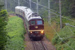 Diesellok 232 141 mit dem WFL-Ex 93594 zwischen Lietzow und Prora nach Binz bei Nieselregen.