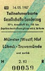 MÜNSTER, 15.05.1987, für einen Sonderzug nach Lübeck-Travemünde und zurück ausgestellte Fahrkarte -- Fahrkarte eingescannt