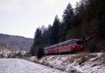 Hier ging es mal weiter nach Bad Berleburg. 798 823-1 + 998 184-6 + 998 859-3 anlsslich der Sonderfahrt  Abschied von der Edertalbahn  am 05.12.1992 in Hatzfeld am Streckenende der einst bis Bad Berleburg fhrenden oberen Edertalbahn.