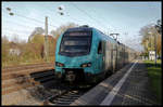 ET 4.04 der Eurobahn hält hier aus Hengelo kommend auf der Fahrt nach Bielefeld am 3.11.2020 um 10.49 Uhr in Hiddenhausen Schweicheln.