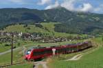 Von München kommend befindet sich am 26.07.2015 bei Lermoos RB 5512 auf der Fahrt nach Reutte in Tirol.