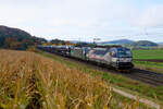 383 206 ZSSK Cargo und 193 201 ELL mit einem Gefco Autotransportzug bei Parsberg Richtung Regensburg, 25.10.2020