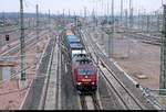 185 632-7 Emons als Containerzug passiert die Zugbildungsanlage Halle (Saale) in südlicher Richtung.