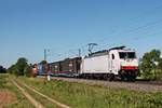 Am Nachmittag des 13.06.2019 fuhr Maquarie/XRAIL/TXL 186 909 mit dem  WETRON/Jan de Rijk -Containerzug DGS 41031 (Köln Eifeltor - Melza Scalo) südlich von Buggingen über die