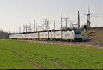 Containerzug (Mærsk Line) mit 386 031-9 unterwegs in Halle (Saale), Zöberitzer Weg, Richtung Delitzsch.