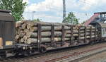 Drehgestell-Flachwagen mit Niederbindeeinrichtung der DB Cargo beladen mit Stammholz mit der Nr.