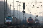 Von links nach rechts: Die Cobra 2833 von Railtraxx,145 CL-014,185 601-2 beide von Crossrail, alle drei mit Containerzgen, stehen abfahrbereit Richtung Kln im Bahnhof von Aachen-West in der