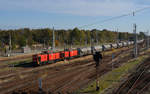 203 114 und 203 113 der WFL verlassen mit einem langen Silozug am 20.10.18 den Güterbahnhof Wustermark/Elstal Richtung Rathenow.