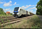 Güterverladung mit der neuen Stadler Eurodual 2159  Regelmäßig wird der Löbejüner Quarzporphyr, auch Rhyolith genannt, auf einem kleinen erhaltenen Teilstück der