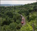 Grünes Stuttgart -     Blick vom Schnarrenberg auf die Schusterbahn mit einem in Richtung Norden fahrenden Güterzug.