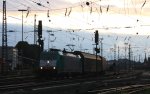 Die Cobra 2827 fhrt mit einem langen  Autologistikzug aus Heilbronn nach Ruisbroek(B) und fhrt in Aachen-West ein in der Abendstimmung am Abend vom 3.7.2013.