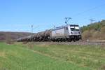 187 072-4 RHC war mit Kesselwagen bei Harrbach am 06.04.2018 südwärts unterwegs in Richtung Würzburg