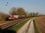 Die 1116 159 mit einem Kesselzug am 15.04.2019 unterwegs bei Langenisarhofen.