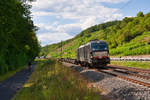 193 878 von MRCE mit einem schwach ausgelasteten KLV-Zug bei Gambach Richtung Süden, 01.08.2019