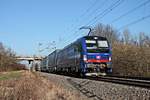 Mit dem  LKW Walter -KLV (Lübeck Skandinavienkai - Novara Boschetto) fuhr am Nachmittag des 21.01.2020 die Südleasing/SBBCI 193 516  Aare  südlich vom Haltepunkt Buggingen über die