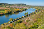 185 389  CO2 frei  mit einem KLV-Zug bei Veitshöchheim Richtung Würzburg, 12.10.2019