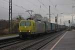 Durchfahrt am 28.02.2014 von Alpha Train/Crossrail 145-CL 031 mit einem LKW-Walter KLV in Müllheim (Baden) in Richtung Norden.