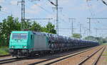   185 616-0  [NVR-Nummer: 91 80 6185 616-0 D-ATLU] für? mit einem PKW-Transportzug (FIAT 500 aus polnischer Produktion) am 04.06.19 Golm (Potsdam).