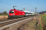 1116 125 mit einem Autotransportzug bei Seubersdorf Richtung Nürnberg, 23.03.2019