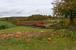185 051 DB Cargo mit einem Leerautozug bei Laaber Richtung Regensburg, 24.10.2020