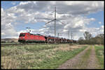 DB 185363-9 war am 11.4.2023 um 15.41 Uhr bei Wissingen mit einem kurzen Autotransportzug in Richtung Osnabrück unterwegs.