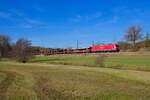 185 075 DB Cargo mit einem leeren Autotransportzug bei Oberdachstetten Richtung Ansbach, 09.11.2021